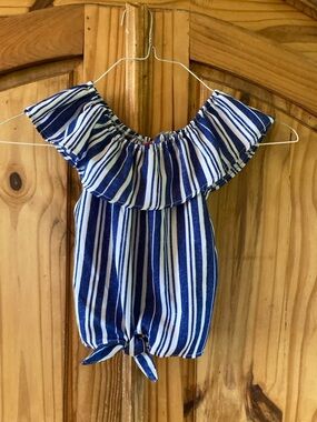 Girls Pink blue white striped off the shoulder shirt size 5/6